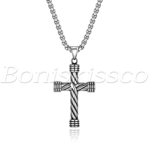 Men/'s Silver Tone Necklace Vintage Religious Cross Stainless Steel Pendant Chain
