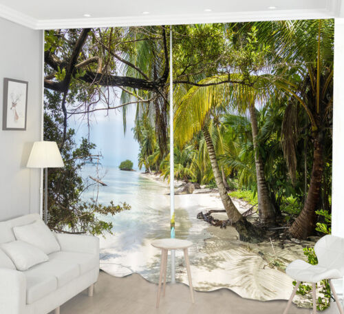 Sunny Sea Beach Scenic Palm Trees 3D Window Curtains Mural Blockout Drape Fabric
