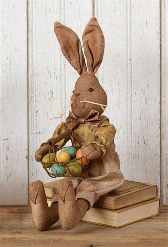 New Primitive Folk Art Tea Stained Boy Bunny Rabbit Egg Basket Easter Doll 18/"