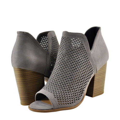 Women/'s Shoes Soda Caster Open Toe Perforated Stacked Bootie Light Grey *New*