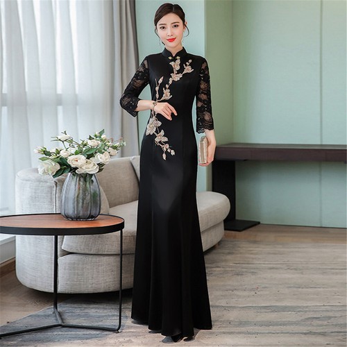 Black Embroidery 3//4 Sleeves A-Line Women/'s Slim Long Dress Cheongsam M-3XL