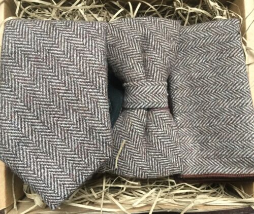 UK Brown Wool Checked Mens Tie Bow Tie and Pocket Square perfect for weddings