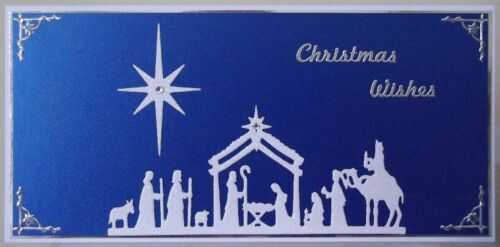Handmade religieux Carte De Noël Avec une crèche en Blanc & Bleu Design 