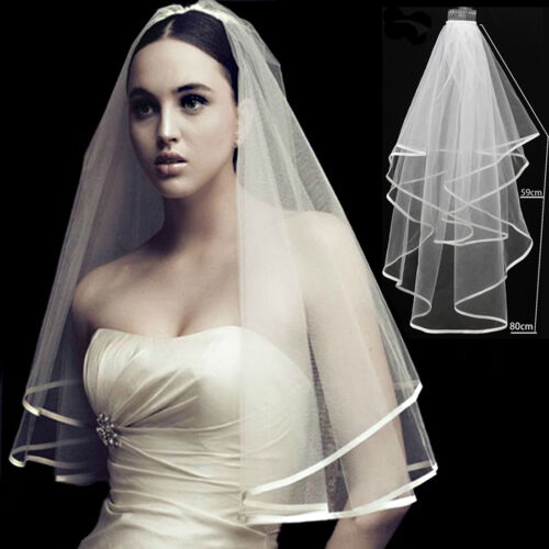 New 2 Tier Ivory White Wedding Bridal Elbow Satin Edge Veil Length with Comb 