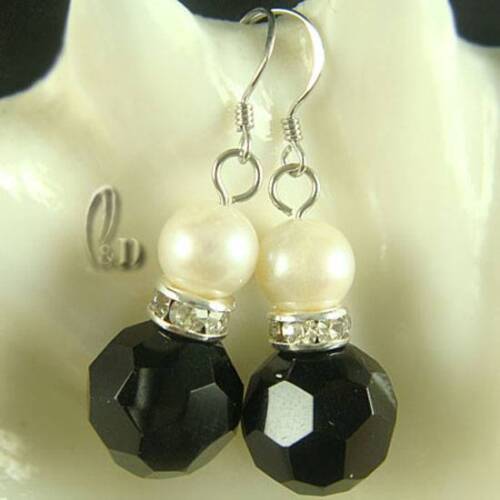 Chic White Genuine pearls&Black Natural Onyx Silver Earrings AU SELLER 030620 
