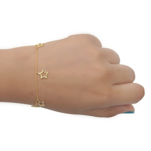 925 Sterling Silver Chain Bracelet dangle Star Yellow Gold Plated 7.5inch Cls