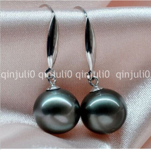 PERFECT ROUND BLACK 10-11MM SOUTH SEA PEARL DANGLE EARRING 14K WHITE GOLD JE135