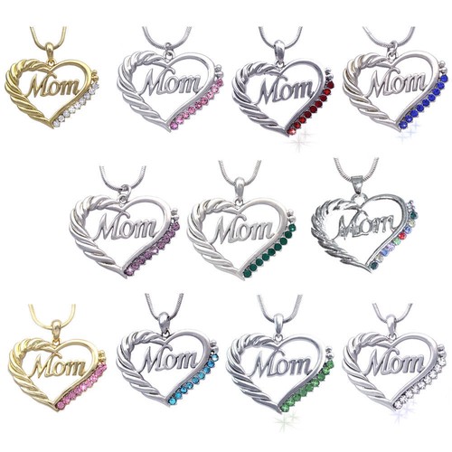 MOM Crystal Heart Pendant Necklace Chain Mothers Day Birthday Great Gift For Mom