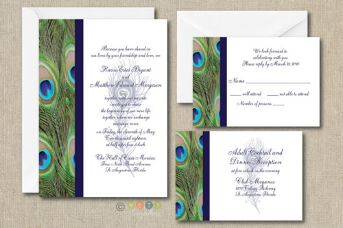 100 Personalized Peacock Feather Wedding Invitation Set with Envelopes 