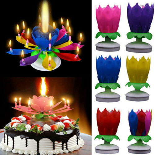 6 Color Blossom Lotus Flower Rotating Musical Birthday Cake Candle Magic Party