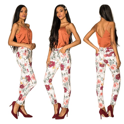 Femme Floral Skinny Pantalon Stretch Coton Femmes Slim Beach Pantalon Taille 8-16