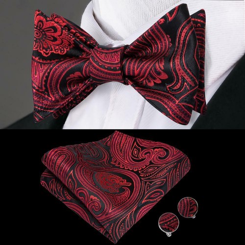 USA Mens Bow Tie Paisley Floral Black Red Solid Blue Bowties Hanky Set Wedding