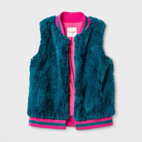 14-16 XL 7-8 M Cat & Jack Girls' Teal/Hot Pink Faux Fur Open Front Vest 4-5 XS 