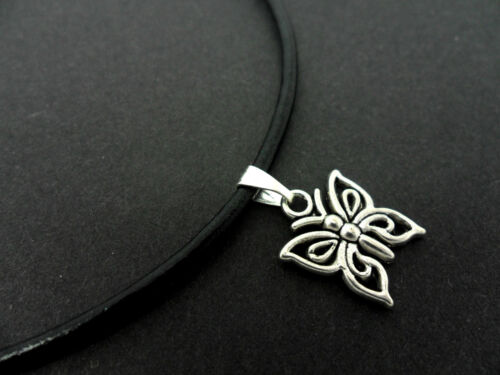 NEW. A LADIES BLACK LEATHER CORD 13-14" CHOKER BUTTERFLY  NECKLACE 