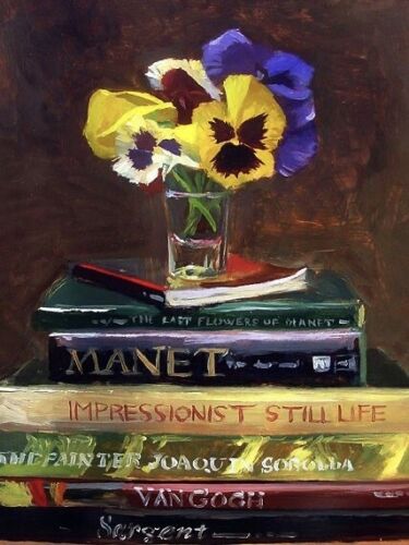 “Pansies on Art Books” NOAH VERRIER Still life oil painting, Signed art print
