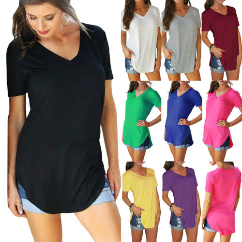 Women V Neck T-Shirt Ladies Short Sleeve Basic Tee Plain Blouse Loose Tunic Tops 