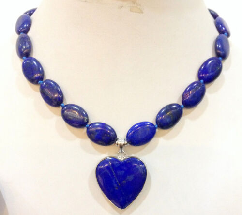 Natural New13x18mm natural lapis lazuli oval /& love pendant necklace 18 /"