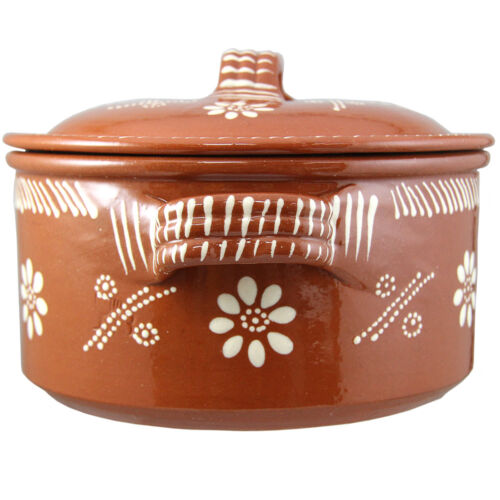 Traditional Portuguese Hand Painted Clay Terracotta Cazuela Cooking Pot With Lid 