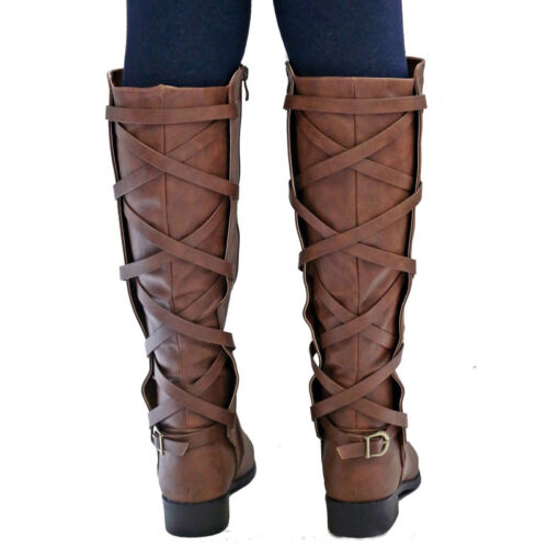 Women/'s Ladies Lace Up Motorcycle Riding Knee High Boots Buckle Winter Zip Shoes