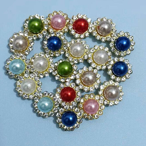 100Pcs Alloy Faux Pearl Rhinestone Flowers Buttons for Crafts Sewing Decor 12 mm 