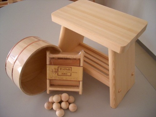 Hinoki Bath 4 Set Chair Soap Stand Bathtub Pure Wood Ball Japanese Cypress New