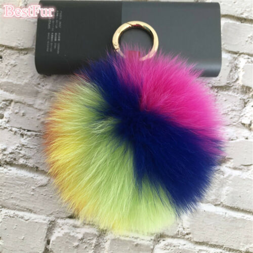 Rainbow Real Fox Fur Ball Pom Pom Bag Charm Keyring Phone Pandent Tassels 5" 