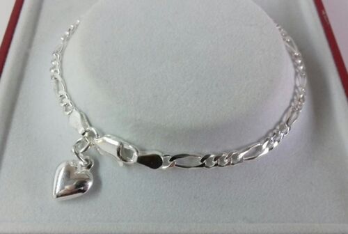 Sterling Silver Solid Link Ladies Figaro /& Heart Charm Bracelet 7.5 inch 3.7g.