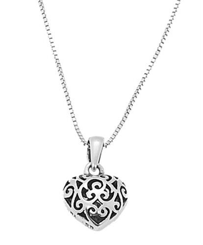 STERLING SILVER FILIGREE PUFF HEART CHARM WITH BOX CHAIN NECKLACE