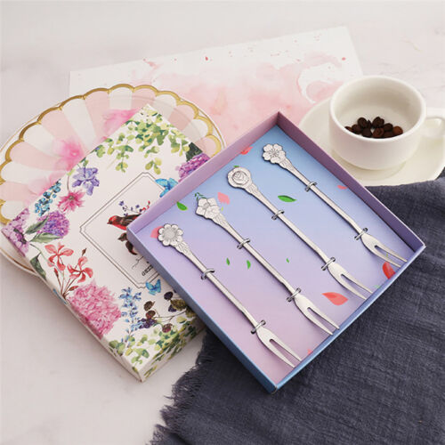 4pcs//Pack Flowers Shape Fruit Fork Stainless Steel Fruit Fork Two Tooth Forks