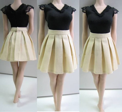 1//6 Female Black V-Neck Sleeveless Shirt Pleated Mini Skirt Fit 12/" Girl Figures