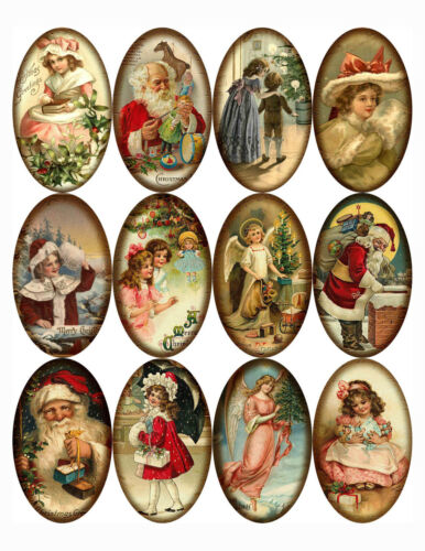 Christmas 12  large vintage pictures oval stickers scrapbooking crafts  glossy 