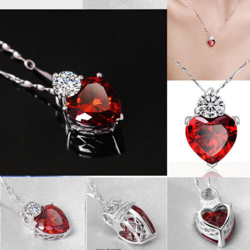 18/" Argent Sterling 925 rouge grenat cœur cristal collier pendentif boîte cadeau femme