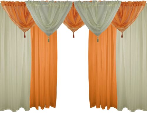 Crème /& orange 9 piece voile Set 72 /" 183 cm rideaux tentures rod poche /& festons