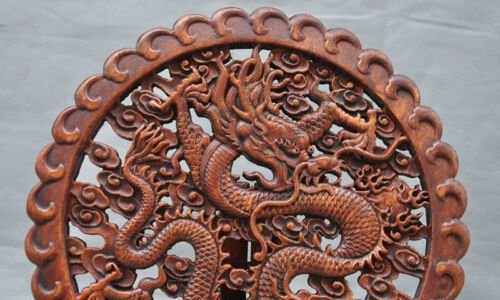 10"Antiques Chinese Old Boxwood Hand-Carved Fengshui Dragon lucky Statue Screens 