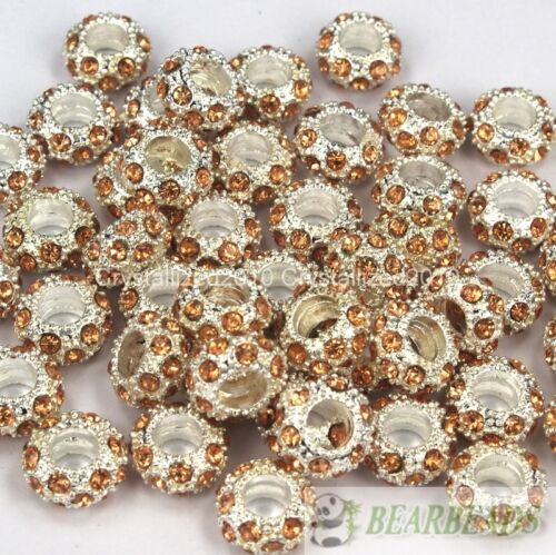 Big Hole Crystal Rhinestone Pave Silver Rondelle Spacer Beads Fit European Charm