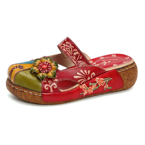 Women's Bohemia Leather Slipper Vintage Slip Ons Flower Loafer Sandals 