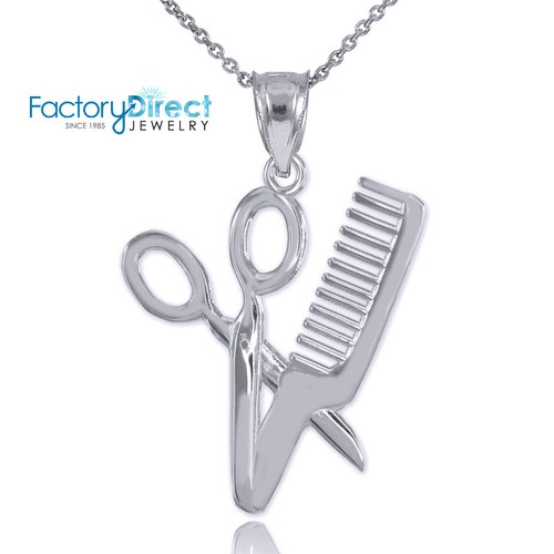White Gold Scissor and Comb Pendant Necklace Barber Shop Hair Salon Charm