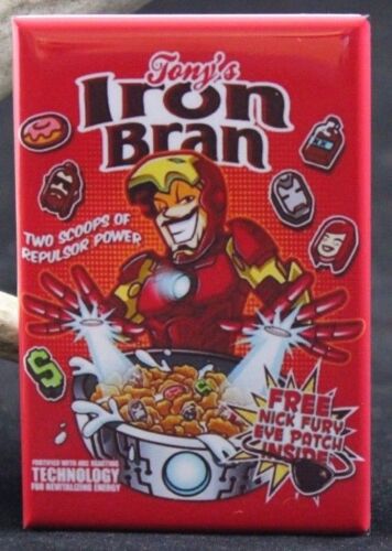 Tony/'s Iron Bran Cereal 2/" X 3/" Fridge Locker Magnet Iron Man Avengers