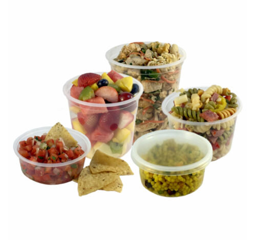 Round Food Containers Plastic Clear Storage Tubs with Lids Deli Pots All Sizes