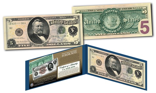 1886 Morgan Silver Dollar Back $5 Silver Certificate Banknote on Modern $5 Bill