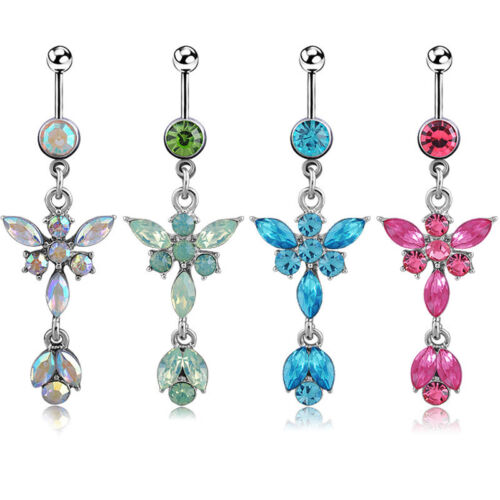 Crystal Flower Stainless Steel Belly Button Rings Dangle Navel Body Piercing