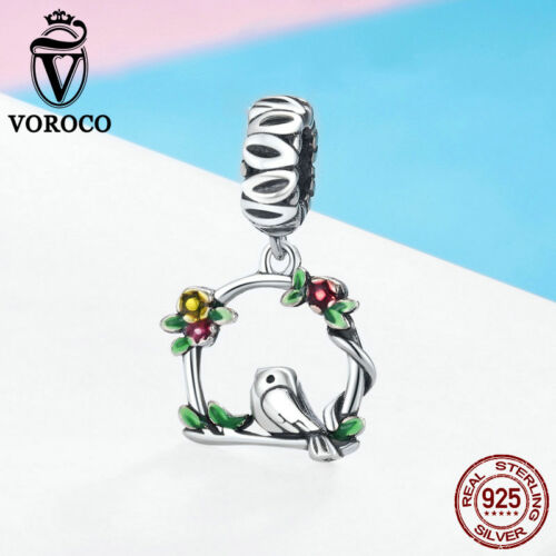 Voroco S925 Sterling Silver Charm Of Spring Cute Bird & Flower Pendant Fit Chain 