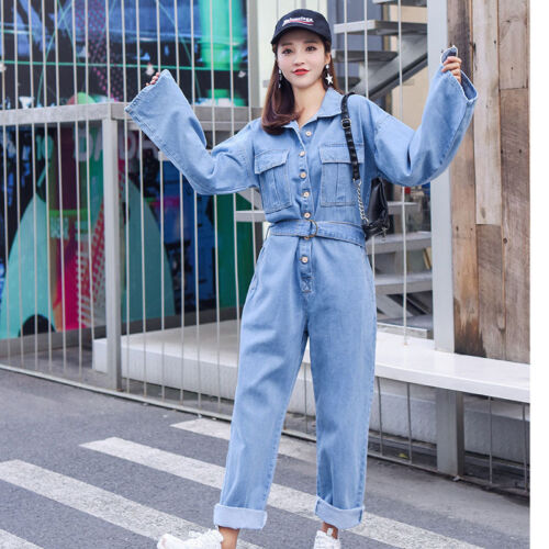New Womens Denim Jumpsuit Vintage Coveralls Romper Playsuit Jeans Loose Casual