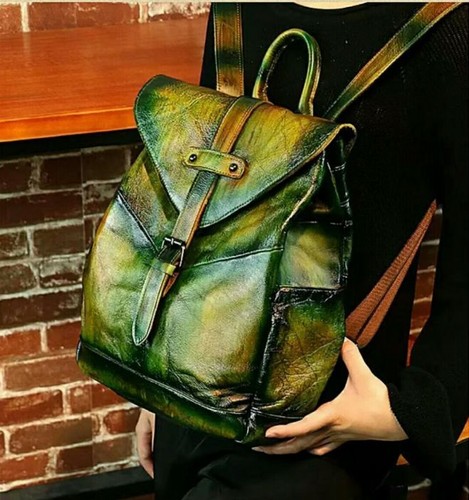 Women Retro Genuine Cow Leather Backpack Travel Bag Handbag Wiped Color M 4color