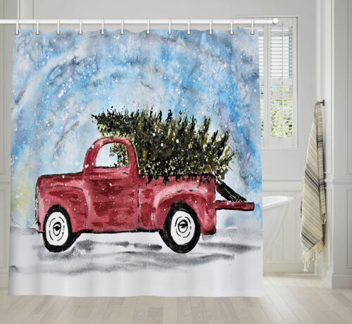 Watercolor Retro Red Truck carrying Xmas Tree Christmas Car Shower Curtain Sets 
