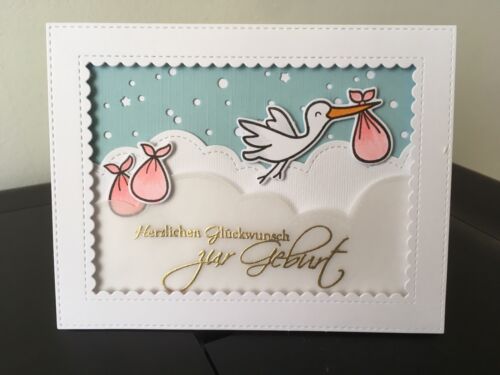 mit Storch in Rosa für Baby Mädchen Handgemachte Grußkarte zur Geburt 