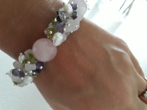 Amethyst Rose Quartz Peridot gemstone White Nugget FreshWater Pearl Bracelet 