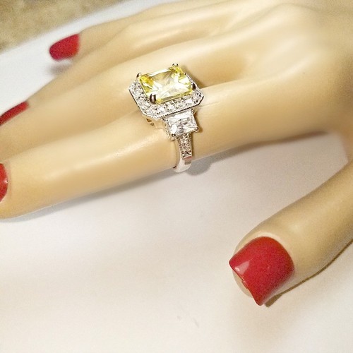 6CTW Square Yellow Canary CZ /& Clear Pave+Emerald Cubic Halo Engagement Ring