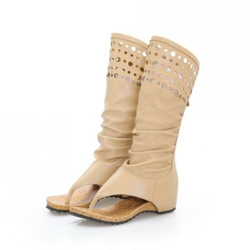 Details about   Womens Pleated Clip Toe Hollow Gladiator Roman Knee High Thongs Sandals Shoes 