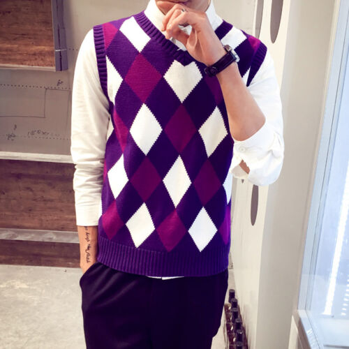 Hot sale Men/'s Fashion V-neck argyle plaid knit Sweater vest Business Vest